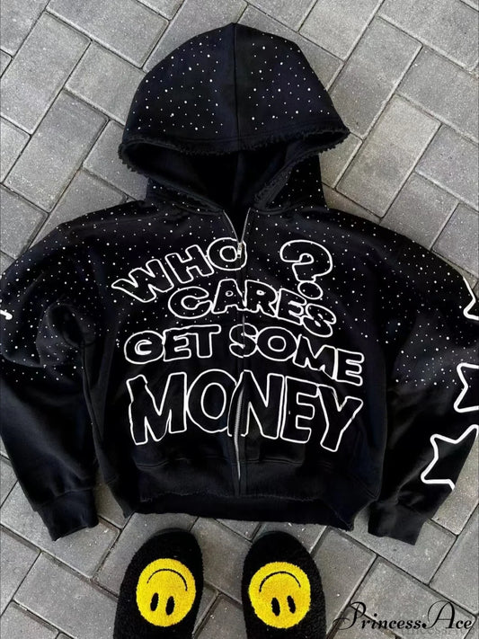 Vintage Y2k Zipper Print Hoodie Black / XS