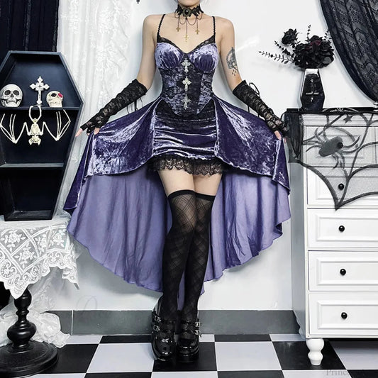 Violet Velvet Suspenders Sleek Mid-Length Dress PURPLE / S
