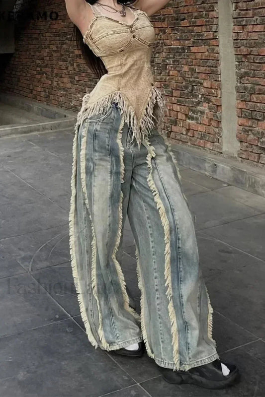 Washed Baggy Vintage Tassel Jeans Blue / S