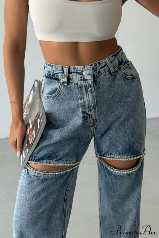 Washed Chain Distressed Straight Jeans