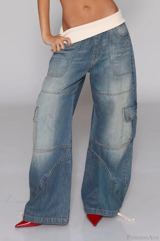 Washed Distressed Sporty Waist Wide Leg Jeans Light Blue / S