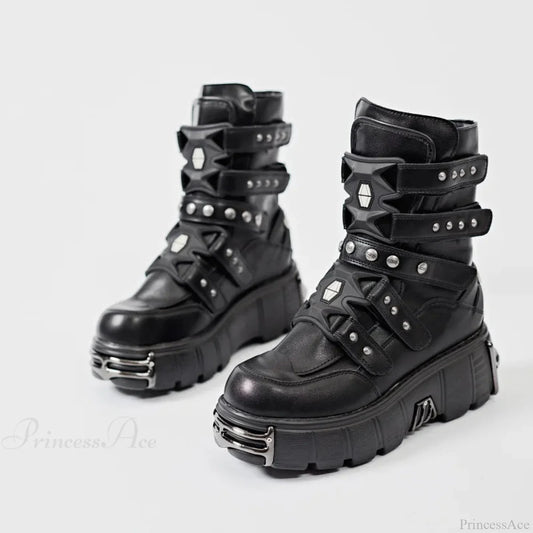 Weighty Metal Platform Motorcycle Dark Boot Black / 36