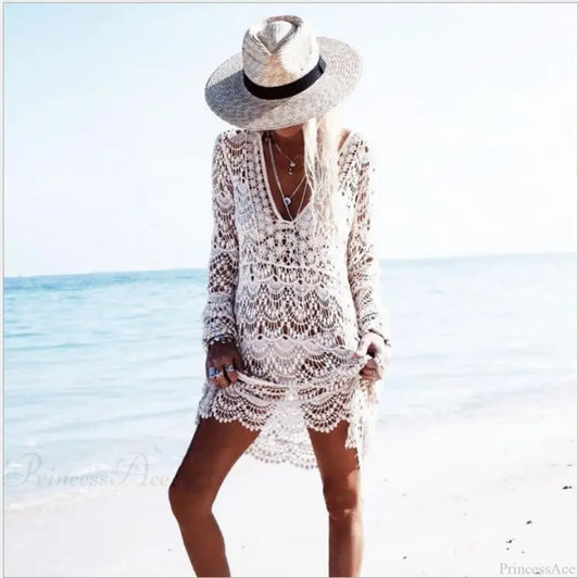 White Crochet Lace Bikini Boho Beach Cover up WHITE / One Size bohocoverup-250126