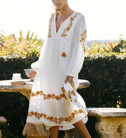 White Deep V Neck Long Sleeve Dress WHITE / S bohodress-250126