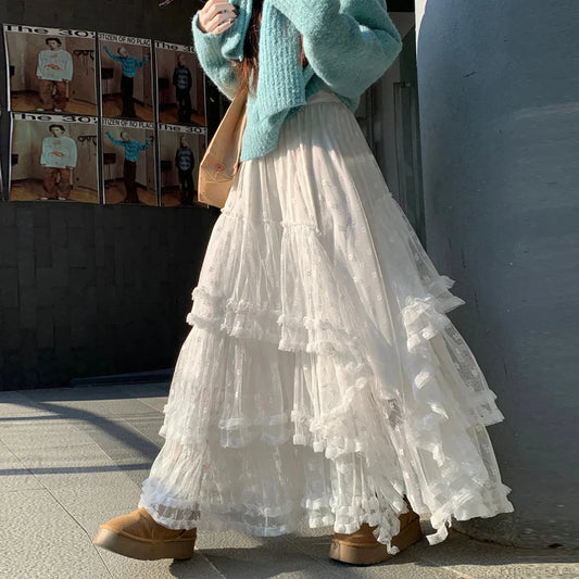 White Floral Tulle Floor-Length Skirt WHITE / S skirts-250223