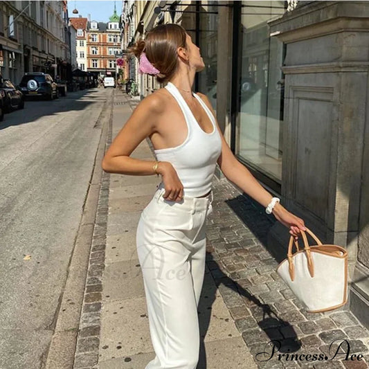 White Halter Backless For Women Streetwear 2024 Sleeveless Ribbed Knit Vest Cropped Feminino Tank