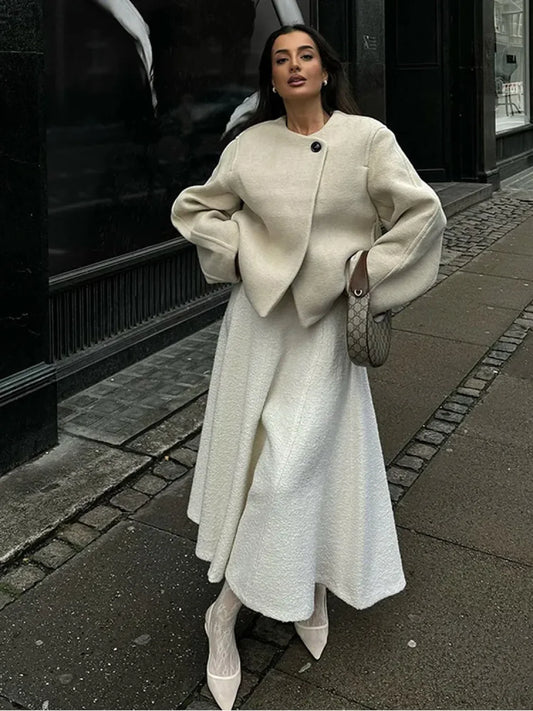 White Long Sleeve Woolen Coat White / S