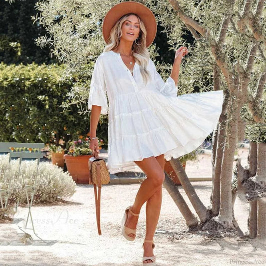 White Mini Dress Holiday Beach Wear White / One Size bohodress-250126