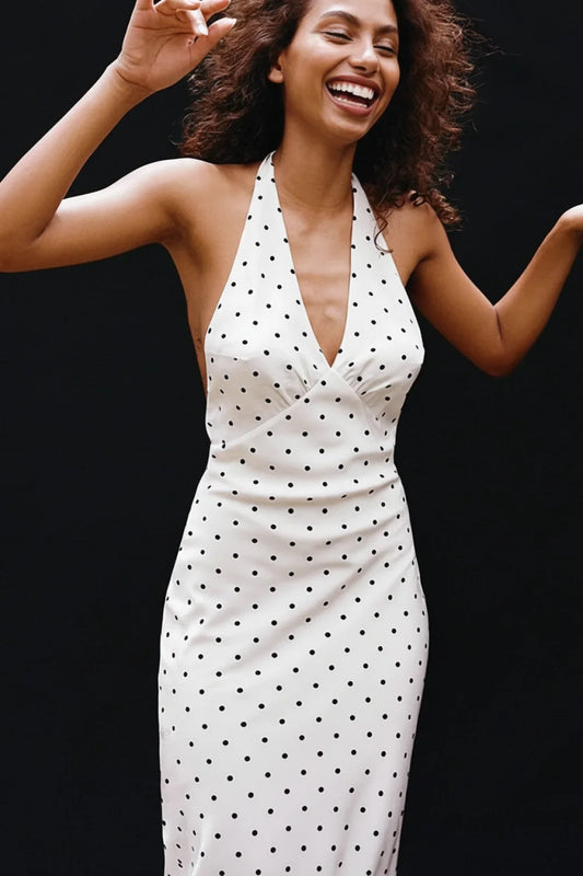 White Polka Dot Halter V-Neck Maxi Dress White / S