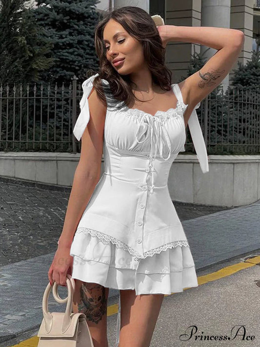 White Sleeveless Dress With Ruched Bust Gathering S / Black White Short Mini Dress