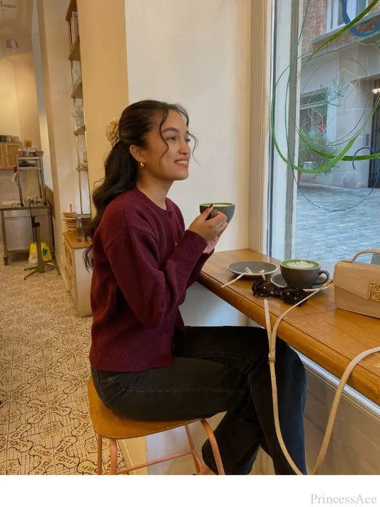 Wine Red Button Round Neck Cardigan