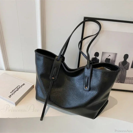 Winter Leather Tote Shoulder Bag for Women Black shoulder-250126