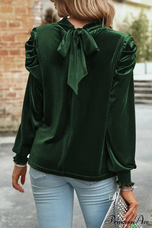 With Sleeves Velvet Puff And Neck Blackish In Mock Blouse Green Tops
