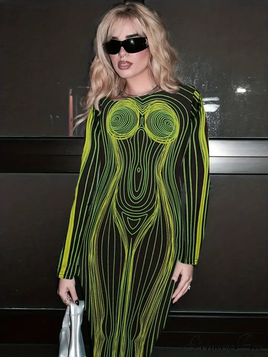 With Striped Long Body Shape Out Design Gown Cut Sleeves S / Green Green Bodcyon Party Dress