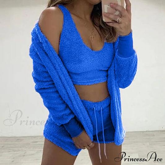 Women Sports Sets Coat + Shorts + Crop Casual Sexy Plush Hooded Top Tracksuit Velvet Outfits