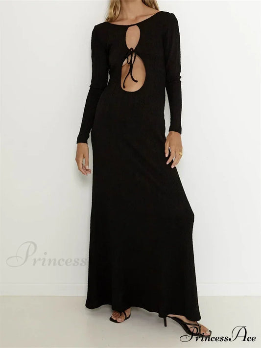 Women Vintage Elegant Sleeve Front Cutout Tie-Up Solid Color Party Autumn Vestidos