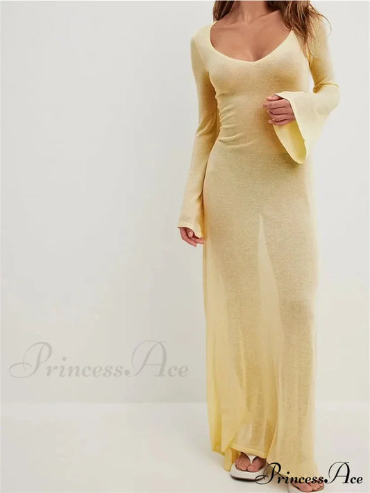 Women Vintage Sleeve V Neck See Through Slim Fit Solid Color Party Female Vestidos Streetwear Beige