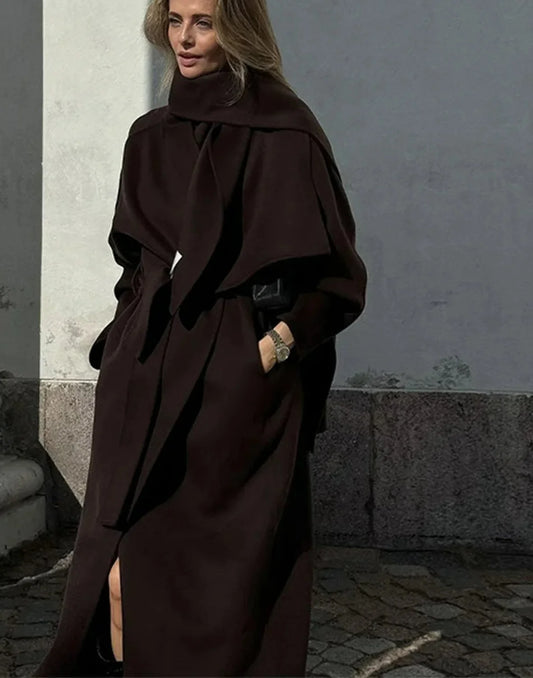 Women’s Scarf Collar Woolen Belted Overcoat Coffee color / S