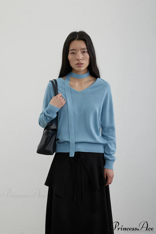 Wool V-Neck Oversized Long-Sleeve Knit Top