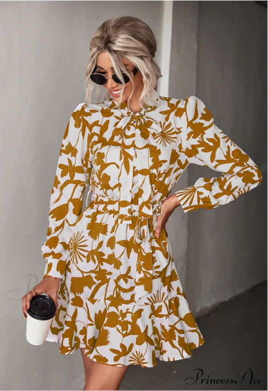 Woven Belt Waist Dress With Long Sleeves S / Yellow