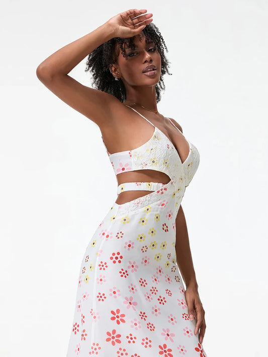 Spaghetti Straps Elegant Backless Bow Cross Floral Dress floraldress-250126