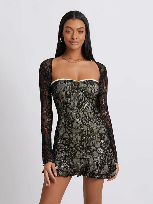 Retro Lace Bandeau Ruffled Mini Dress Long Sleeve Shrug floraldress-250126