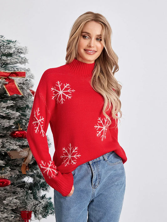 Jacquard Snowflake Long Sleeve Turtleneck Loose Knit Christmas Sweater Sweaters-L