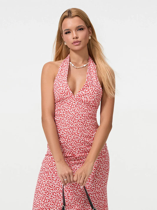 Summer Floral Backless Tie-Up Halter Neck Midi Party Floral Dress floraldress-250126