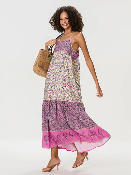 Bohemian Floral Spaghetti Strap Ruched Floral Dress floraldress-250126