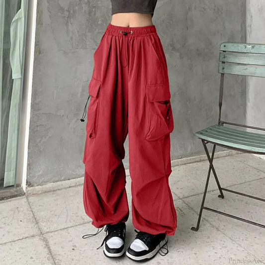 Y2K Cargo Drawstring Pleated Wide Pants red 1 / S