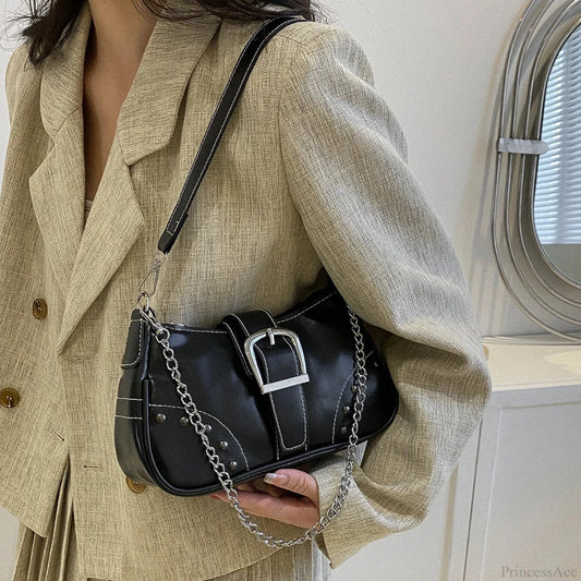 Y2K Cool Style Chain Shoulder Bag Black shoulder-250126