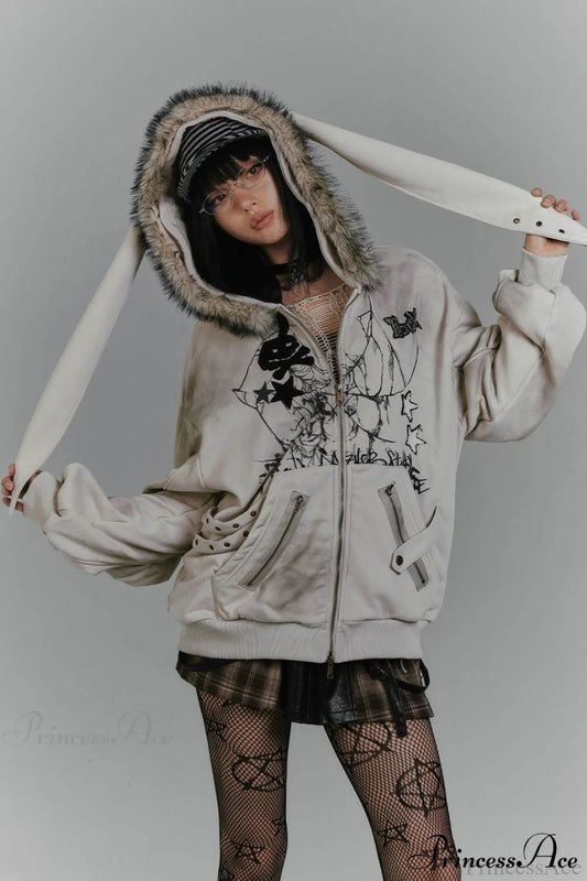 Y2K Fleece Collar Bunny Ear Print Hoodie Grey / S