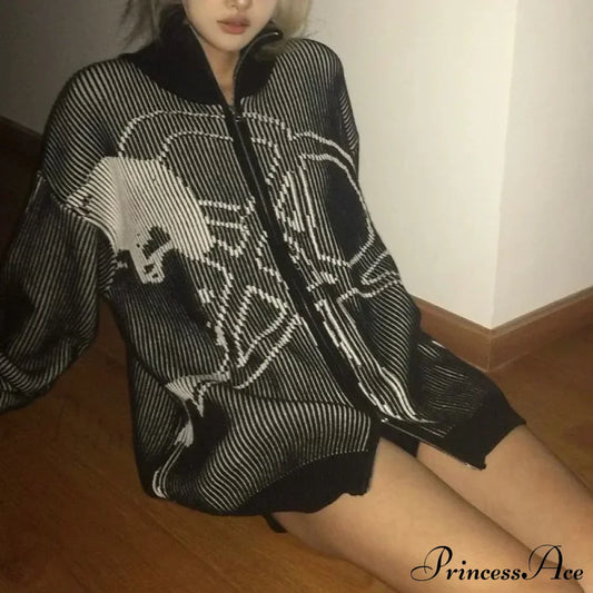 Y2K Harajuku Vintage Zip Up Oversized Autumn Streetwear Cardigan Black / S