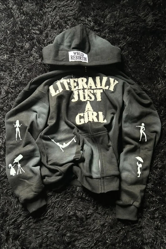 Y2K Hip-Hop 3D Letter Print Loose Zip Hoodie Black / XS