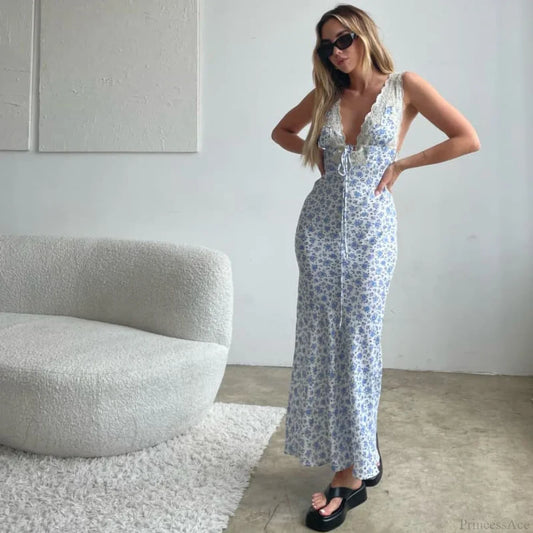 Y2K Lace Trim Long Vacation Dress Blue / S vacationdress-250223