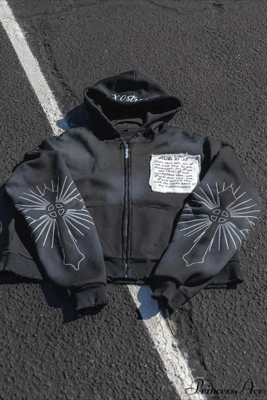 Y2K Long Sleeve Street Applique Embroidered Hoodie Black / S