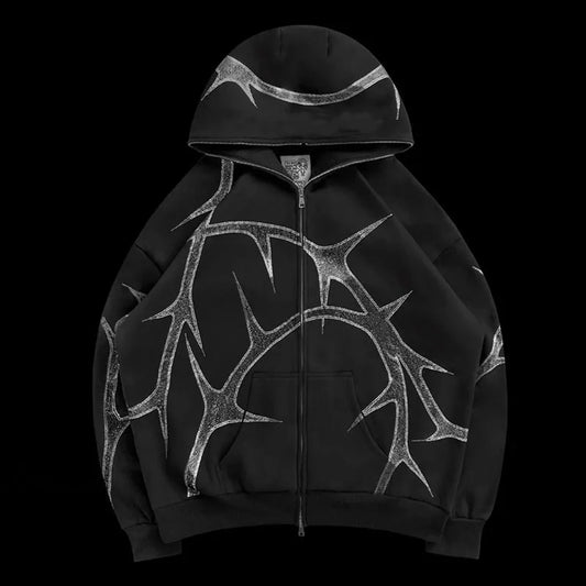 Y2K Mysterious Rhinestone Zipper Hoodie Black / S