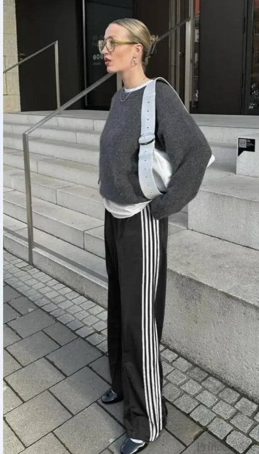 Y2K Striped Baggy Track Jogger Sweatpants Pant Black / S pant-250223