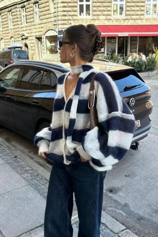 Y2K Striped Loose Cardigan Sweater Navy Blue / S