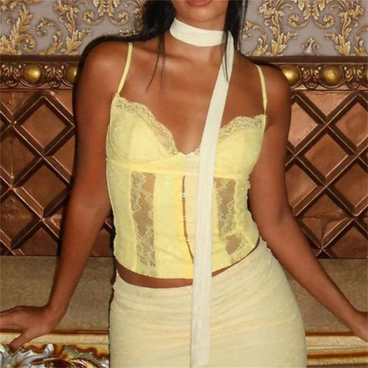 Y2K V-neck Bustier Vintage Lace Trim Backless Slim Fit Camisole Crop Top croptop-250126