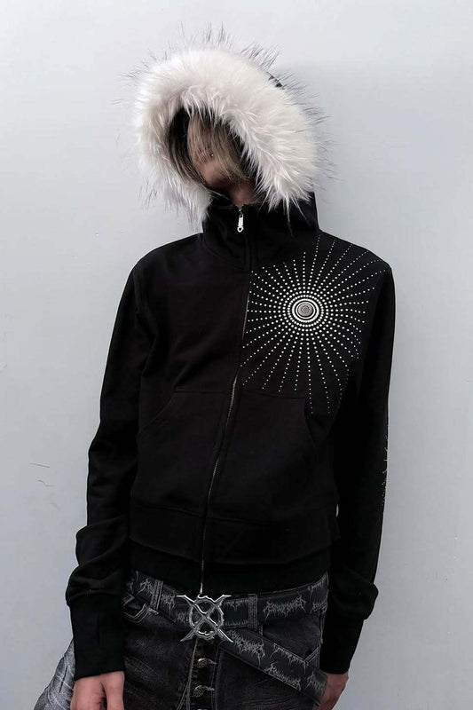 Big Fur Hood Print Zip-Up Hoodie