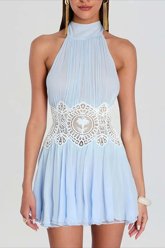 Crochet Waist Pleated Halter Mini Dress