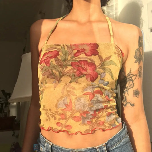 Floral Mesh Sheer Backless Halter Y2K Crop Top