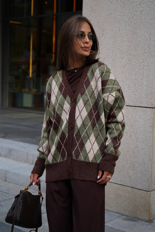 Thick Plaid V Neck Loose Long Sleeve Knit Cardigan