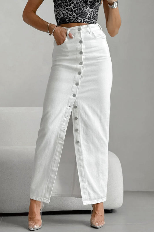 Button-Front Denim Maxi Skirt