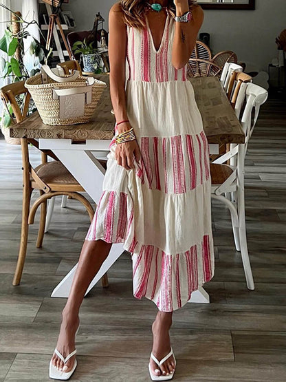 Stylish Striped Printed Charming V-Neck Sleeveless Midi Dress