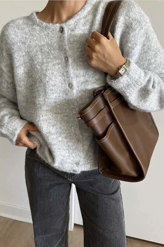 Soft Gray Vintage Shell-Button Knit Cardigan