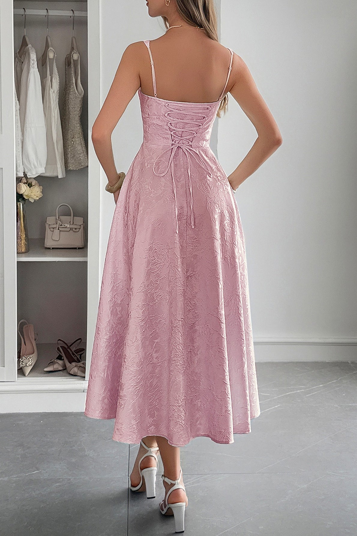 Jacquard Spaghetti Strap Cocktail Dress S / Pink