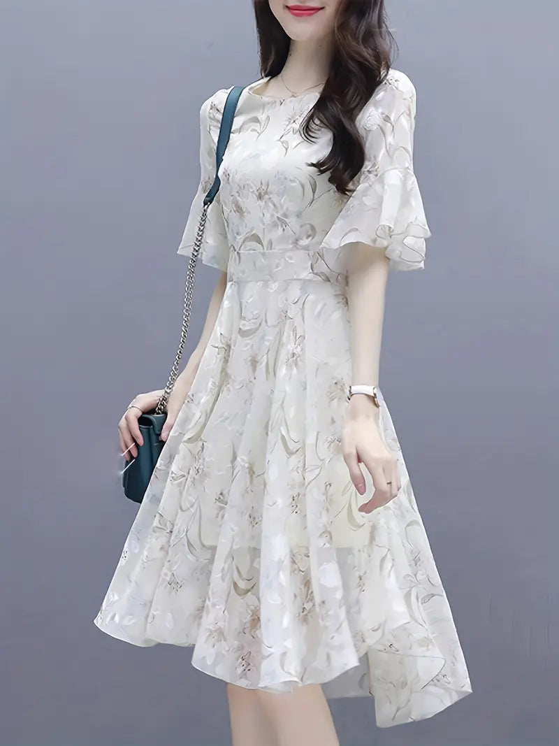 Airy Floral Print Chiffon Dress with Ruffle Trim Sleeves