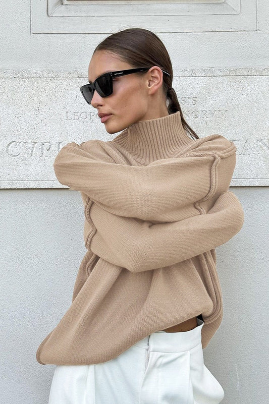 High Neck Patchwork Knit Sweater